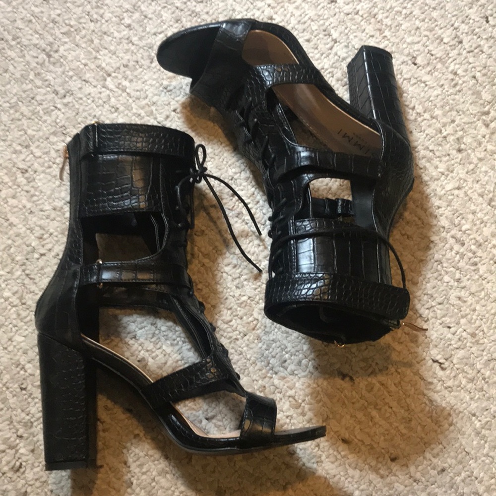 Black faux crocodile skin cutout block heel bootie